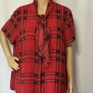 evan picone red plaid short sleeve button up shirt size 14 petite scarf fall